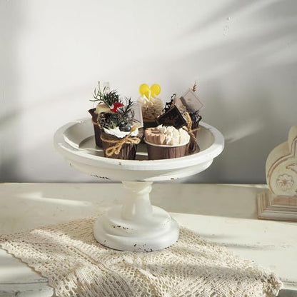 SOFE Round Cake Stand 7" Inner, Rustic White Wood Pedestal Tray - color: White