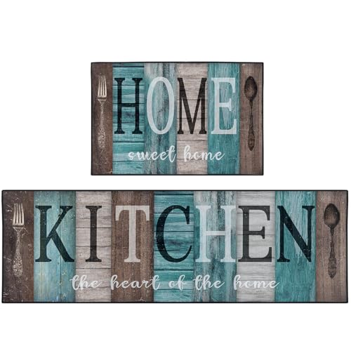 Teal Kitchen Rugs Set of 2 Non Slip Washable Farmhouse Turquoise - color: Rustic Teal Brown