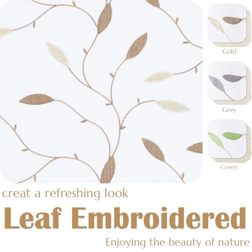 jinchan Sheer Valance for Window Gold Leaf Embroidered 18 Inch 1 Panel - color: Leaves | Gold on White