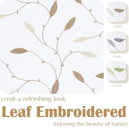 jinchan Sheer Valance for Window Gold Leaf Embroidered 18 Inch 1 Panel - color: Leaves | Gold on White