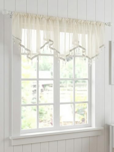 Molaxhome Swag Curtain Scalloped Curtain Valance Drape Sheer Lace Panel 1pc - color: Beige