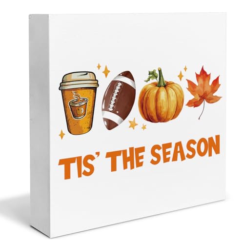 Fall Decor Rustic Fall Pumpkin Wooden Box Sign Tis' the Season Decorations Country Home Desk Shelf Tabletop Decor 5 x 5 Inches - color: Multicolor TIS