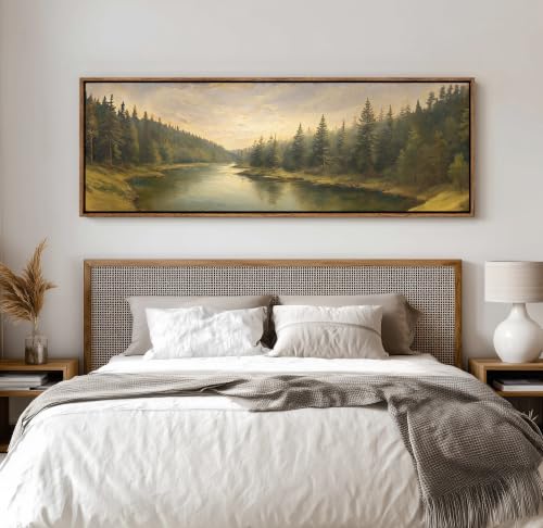 wall26 Large Framed Wall Art Canvas Print - Vintage Pine Forest River Landscape - Contemporary Artwork for Living Room Bedroom Office - 60"x20" Natural - color: A07-2607-YUK19, size: 60"L x 20"W, style: Natural Frame