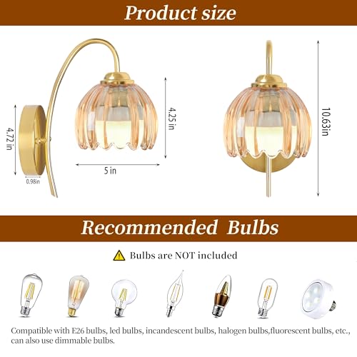 Battery Operated Wall Sconces Set of 2, Amber Tulip Glass Wall Lights | Rechargeable flower wall lamps with remote control, 15 colors, 10-level dimming and timer for bedroom and living room - color: Amber Tulip