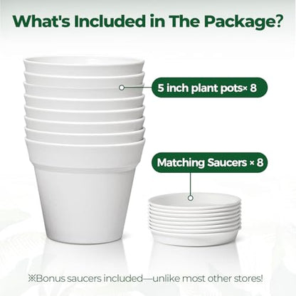 T4U Small Plant Pots 5 Inch 8 Pack, Plastic Indoor Flower Pots Saucer White - color: White, size: 5 inch