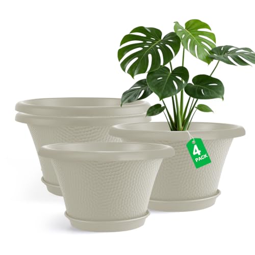 Quarut 12 Inch Pots for Plants,4 Pack Large Flower Pots with Drainage Hole - color: Diamond Pattern-beige, size: 12 inch-4 Pack