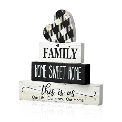 Smile 4 Pcs Family Wooden Tabletop Decor Home Sweet Home Tiered Tray Decoration, Rustic Retro Neutral Wood Heart-Shaped Block Sign, Suitable for Home Shelves Fireplace Mantels - style: Sweet Home