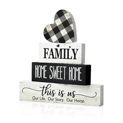 Smile 4 Pcs Family Wooden Tabletop Decor Home Sweet Home Tiered Tray Decoration, Rustic Retro Neutral Wood Heart-Shaped Block Sign, Suitable for Home Shelves Fireplace Mantels - style: Sweet Home