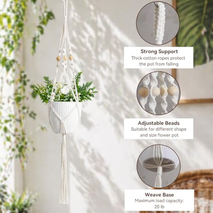 Artilady Macrame Hanging Planter for Indoor Plants, Boho Bead Plant Hanger - color: Ivory White