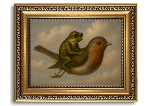 Vintage Gold Framed Wall Art Whimsical Frog Riding Bird Canvas Print - color: Frog Bird, size: 10"L x 8"W