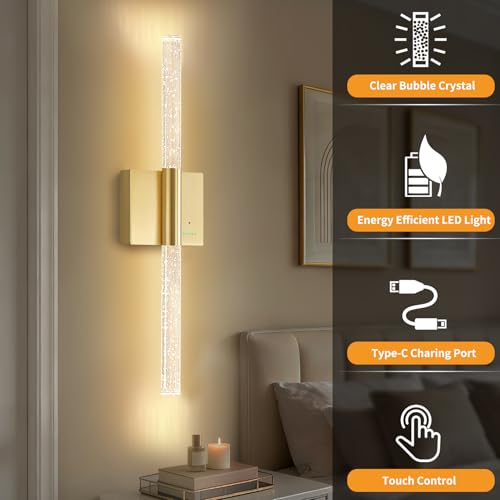 28” Wall Sconces Set of 2, Rechargeable Battery Powered Wall Light - color: Gold