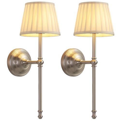 KDG Nickel Cordless Wall Sconces Set of 2, Beige Fabric LED Wall Lamp - color: Nickel + Beige Lampshde (2 Pack)