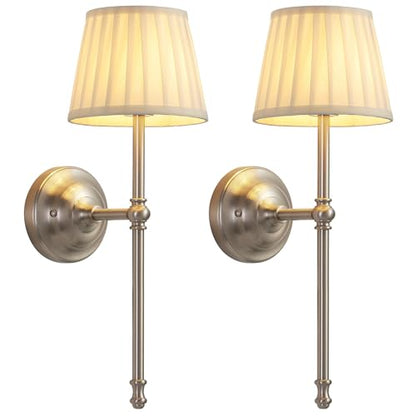 KDG Nickel Cordless Wall Sconces Set of 2, Beige Fabric LED Wall Lamp - color: Nickel + Beige Lampshde (2 Pack)