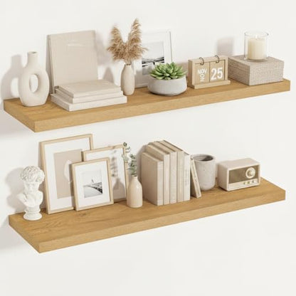 Vivelove 12 Inch Deep Floating Shelves,48 X 12 Inches, Oak, Set of 2 - color: Oak, size: 48”wx12”dx1.5”h