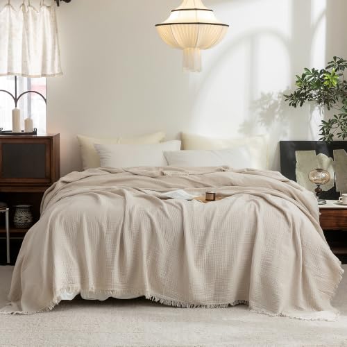 FOSSA Muslin Blanket 4-Layer 100% Cotton Gauze Blanket with Fringe 90"x90" - color: Beige, size: Queen (90" × 90")