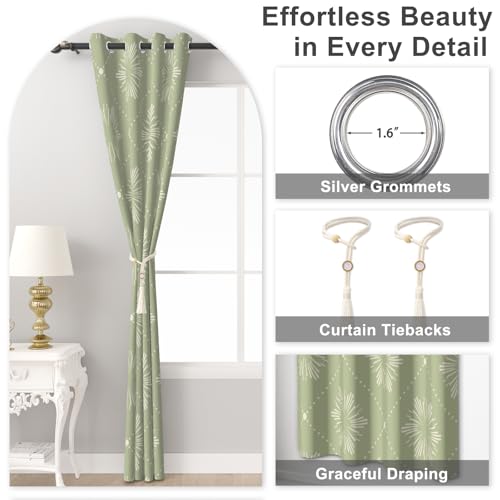 Sage Green Blackout Curtains 84 Inch Long 2 Panels Set, Floral Pattern Window Thermal Blackout Curtains for Bedroom and Living Room, Soundproof Privacy Spring Summer Thermal Curtains with Tiebacks - color: Green Plaid Print