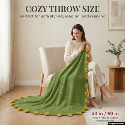 Sunflower Crochet Flower Bouquet Blanket, Handmade Knitted Throw Blanket - color: Green Sunflower, size: Large
