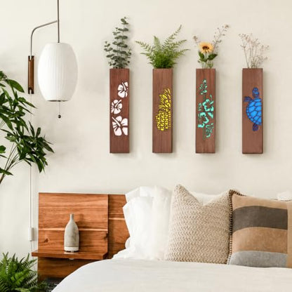 4 Sets Wood Wall Vase Planter for Home Decor Living Room Bedroom Bathroom Wooden Hanging Planters Vases Wall-Mounted Rustic Farmhouse Decorative Holders Mount - Brown - 11.81in