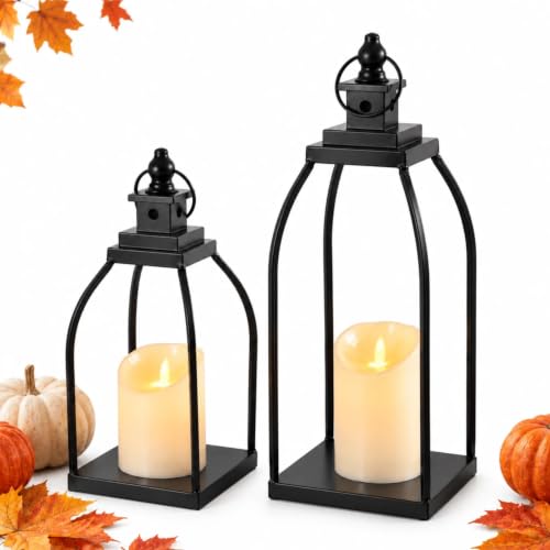 Decorative Candle Lanterns Set of 2, Black Metal for Indoor & Outdoor - size: 12+15in