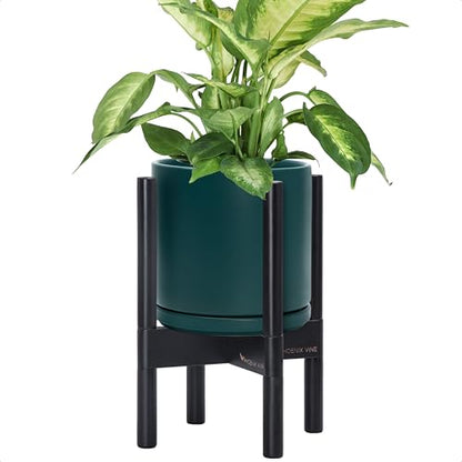 D'vine Dev Ceramic Pot with Ebony Wood Stand, Teal, 8 in, 55-B-M-4 - color: Teal Pot + Ebony Stand, size: 8 Inch