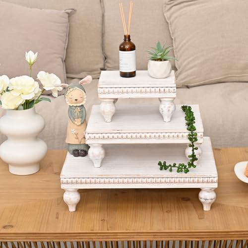 Swallowliving 3 Pcs Set Farmhouse Wood Risers for Display Decorative, Rustic Shabby Chic Tiered Tray for Kitchen Counter, Coffee Bar Table, Dining Room, Wooden Rectangle Beaded Pedestal Stand for Food, White - color: Set of 3 - White