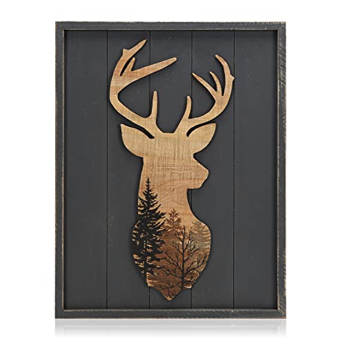 NIKKY HOME Cabin Wall Decor, Decorative Deer Wood Framed Forest Mountain Woodland Wildlife Lodge Elk Animal Picture Art Print Bathroom Decor, 16 x 21 Inches - color: Deer, size: 21"L x 16"W
