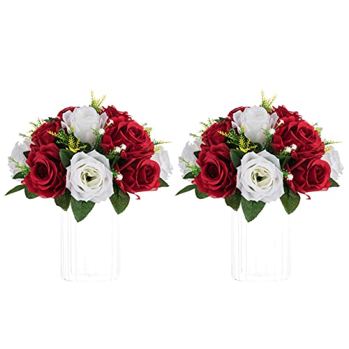 NUPTIO Artificial Flower Centrepieces for Wedding Tables, 2 Pcs Fake Roses - color: Crimson & White, size: 2 Pcs