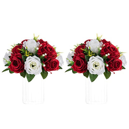 NUPTIO Artificial Flower Centrepieces for Wedding Tables, 2 Pcs Fake Roses - color: Crimson & White, size: 2 Pcs
