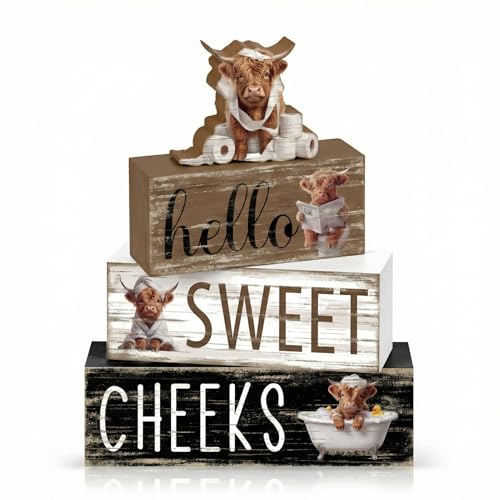 Britimes Tiered Tray Decor Set, 4 Pack, Wooden Table Signs, Highland Cow - style: Highland Cow