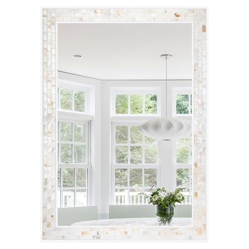 30x40 Inch Large Bathroom Mirror with White Wood Frame - size: 40"L x 30"W