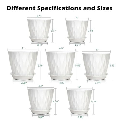 GARDIFE 7 Pack Plant Pots 4-7 inch with Drainage Holes and Tray, White - color: White