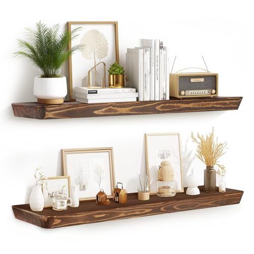 36x6.8x1.6in Slanted Solid Wood Floating Wall Shelves 2-Pack Brown - color: Brown, size: 36"-Set of 2