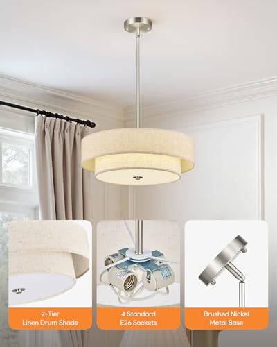 VONLUCE 18" Modern Drum Chandelier, 4-Light 2-Tier Linen Pendant Light - color: Brushed Nickel, size: 18inch