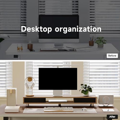 Fenge Dual Monitor Stand with Storage, Desk Shelf with Glass Sliding Door - color: Dark Oak