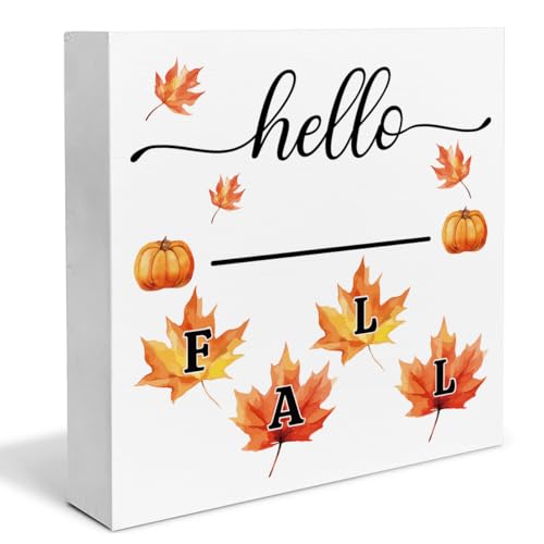 Fall Decor Hello Fall Wooden Box Sign Pumpkin Maple Leaf Decorations Rustic Home Desk Shelf Tabletop Decor 5 x 5 Inches - color: Multicolor hell