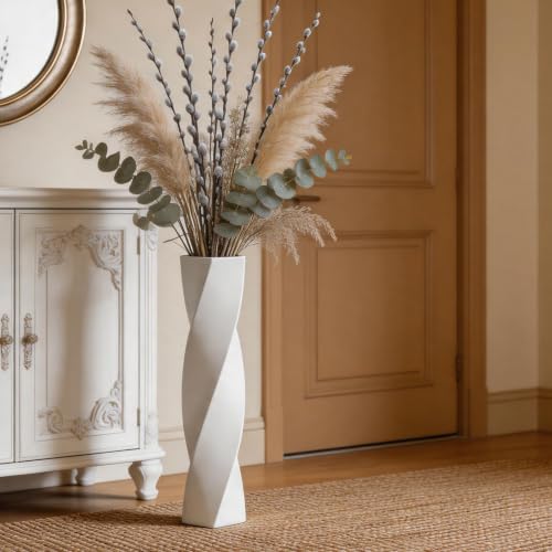 Matte White Square Twisted Tall Floor Vase 27.5 Inch, Modern Resin Decorative Vase for Dried Flowers Pampas Grass Branches, Heavy Base Solid Color Floor Vase for Living Room Entryway - color: White, size: 27.5 in