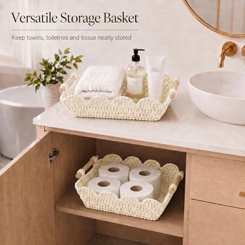 Coeusy Set of 2 Paper Rope Scalloped Baskets, Cute Wicker Baskets White - color: White