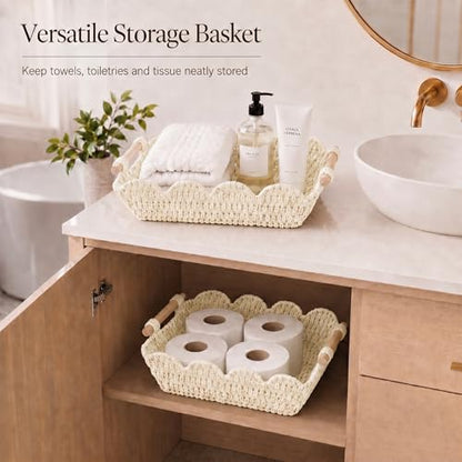 Coeusy Set of 2 Paper Rope Scalloped Baskets, Cute Wicker Baskets White - color: White