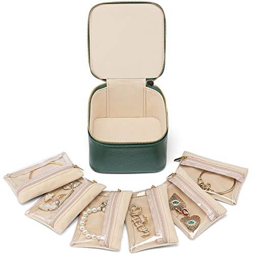 VLANDO Travel Jewelry Case with Clear 6 Velvet Bags,Green - color: 6PCS-Green