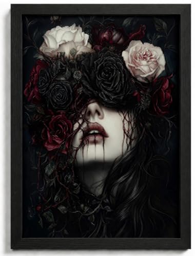 Framed Halloween Horror Gothic Flower Wall Art,Dark Moody Rose Painting Picture Wall Decor,Dark Academia Rose and Portrait Poster Print Artwork,for Halloween Decor Bedroom Bathroom Home Decoration - color: Veil of Roses, size: 24"L x 16"W