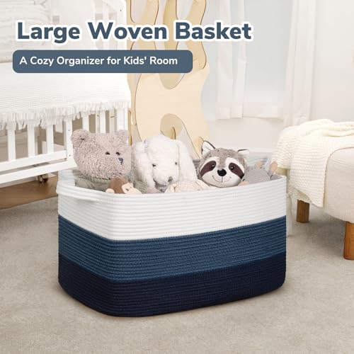 Goodpick Large Woven Rope Blanket Basket, Rectangle, Light Blue - color: Light Blue, size: Large(21.6"L x 14.9"W x 11.8"H)