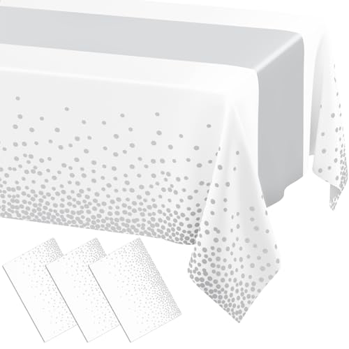 Smiry Disposable Rectangle Plastic 54 x 108 Inch Table Cloth 3 Pack - color: White and Sliver