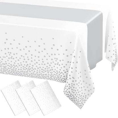 Smiry Disposable Rectangle Plastic 54 x 108 Inch Table Cloth 3 Pack - color: White and Sliver