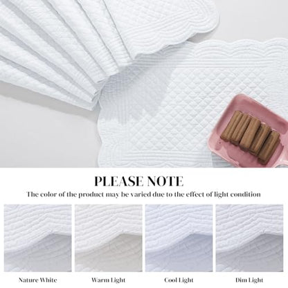 HOMBYS Quilted Placemats Set of 6 Washable-13x18 inches Rectangular Placemats for Kitchen Table-100% Cotton Fabric Rectangular Table Mats, (Pure White) - color: Pure White
