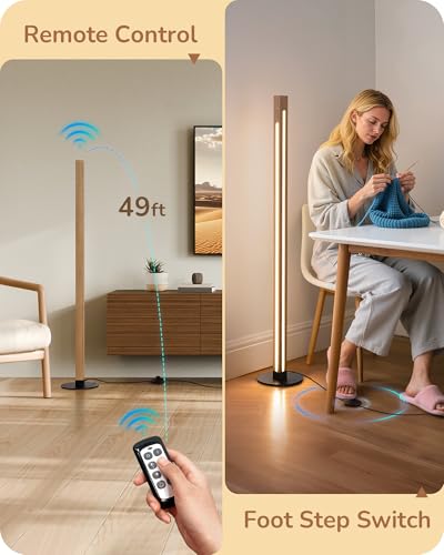 EDISHINE Wooden LED Floor Lamp with Remote, Dual Lighting, 7CCT & Dimmable - color: Natural