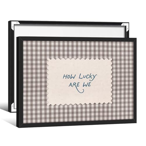 Retro How Lucky Are We Vintage Gingham Striped Canvas Wall Art - Antique Inspirational Quote Poster, Sentimental Home Decor Print, Ready to hang 8x10in Wrapped Black Framed Light Brown - color: How Lucky Are We Wall Art, size: 10"L x 8"W, style: Black Fra