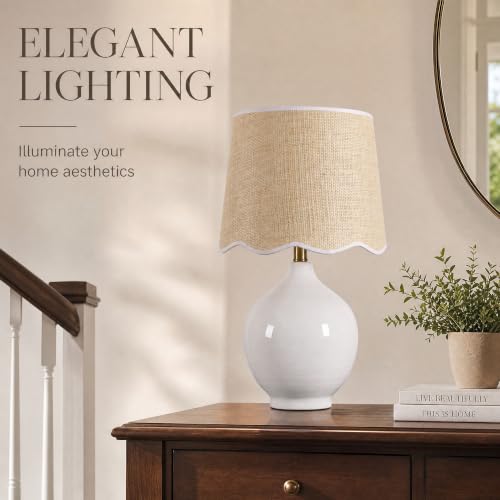 21"H Ceramic White Table Lamp with Beige Faux Rattan Drum Shade - color: Ceramic White
