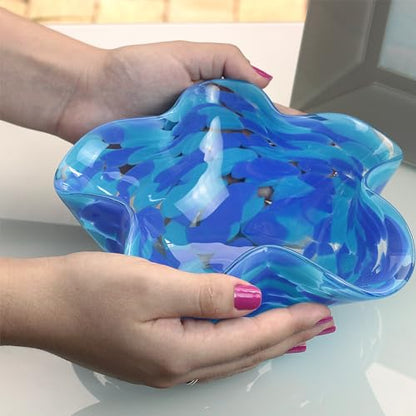 Murano Style Art Glass Bowl Hand Blown Blue Confetti Effect Home Decor - color: Blue Waved