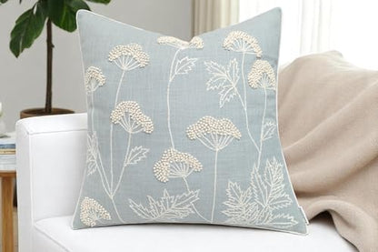Rudransha Hand Embroidered Wildflower Throw Pillow Cover - 20x20 Inch Robins Egg Cotton - Blooming - color: Blooming-robins Egg, size: 20" x 20" (Pack of 1)