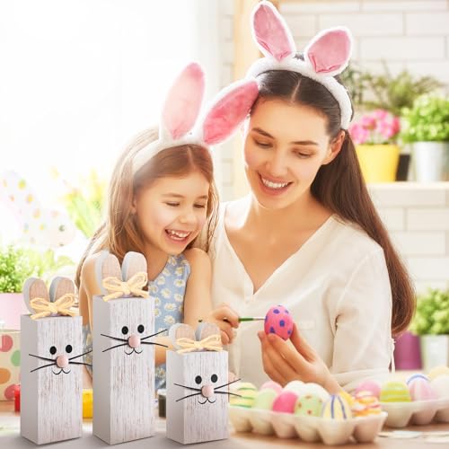BBTO 3 Pcs Easter Table Decor Bunny Wooden Tiered Tray Decor Rabbit Tabletop Decoration Block Sign Table Centerpiece for Spring Home Decoration Home Shelf Office Kitchen Desk Party Supply(Rabbit) - style: Rabbit
